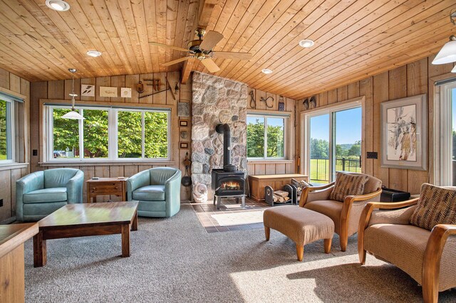 2347 W W Dowling Rd, Delton, MI 49046 - living room featuring a wood stove, vaulted ceiling, wood ceiling, healthy amount of natural light, and wooden walls