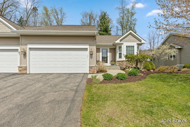 ranch-style house with a garage, driveway, roof with shingles, and stone siding