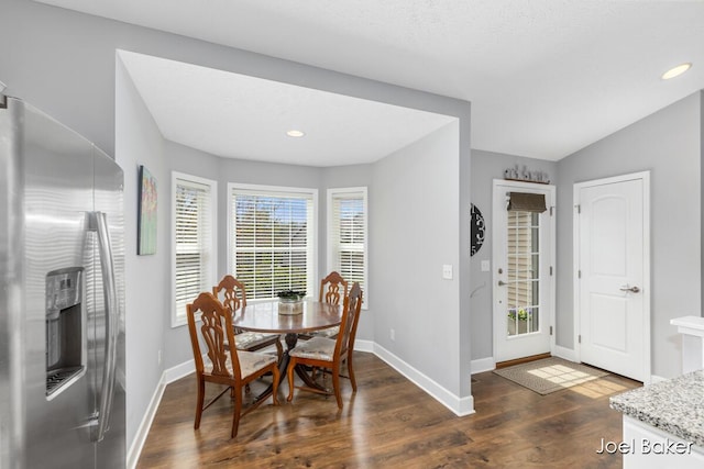 dining room with baseboards, recessed lighting, and dark wood-type flooring