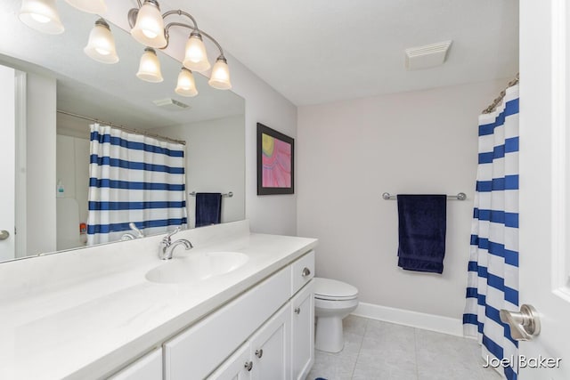 full bathroom with visible vents, baseboards, tile patterned floors, vanity, and toilet