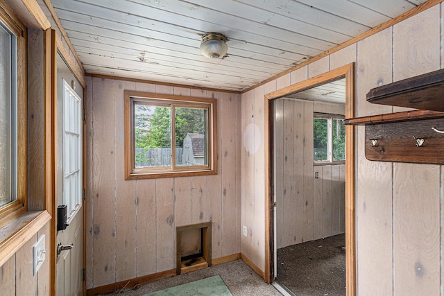 14770 Panu Ave, Kaleva, MI 49645 - entryway featuring baseboards, wood walls, and wood ceiling
