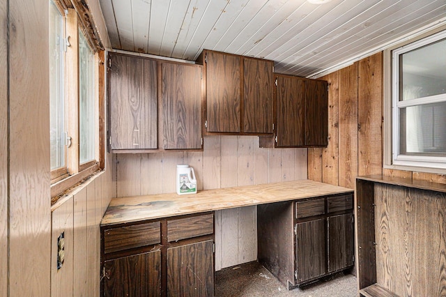 14770 Panu Ave, Kaleva, MI 49645 - kitchen featuring wooden walls, wooden ceiling, wooden counters, and dark brown cabinetry