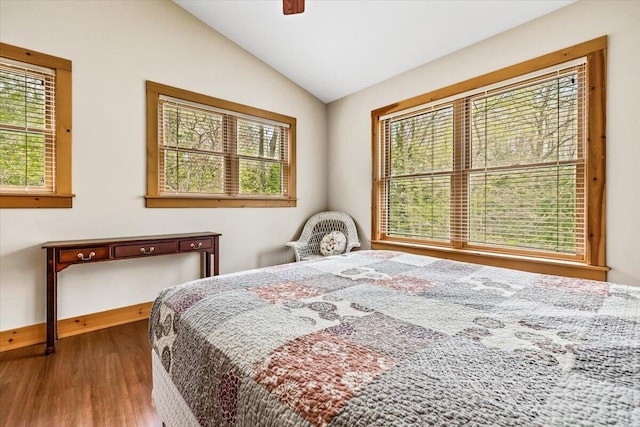 80220 Linden Hills St, Covert, MI 49043 - bedroom featuring wood finished floors, lofted ceiling, baseboards, and a ceiling fan