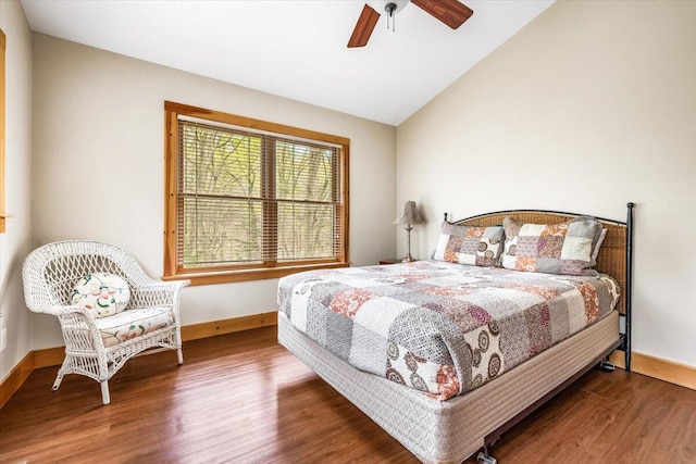 80220 Linden Hills St, Covert, MI 49043 - bedroom with wood finished floors, baseboards, lofted ceiling, and ceiling fan