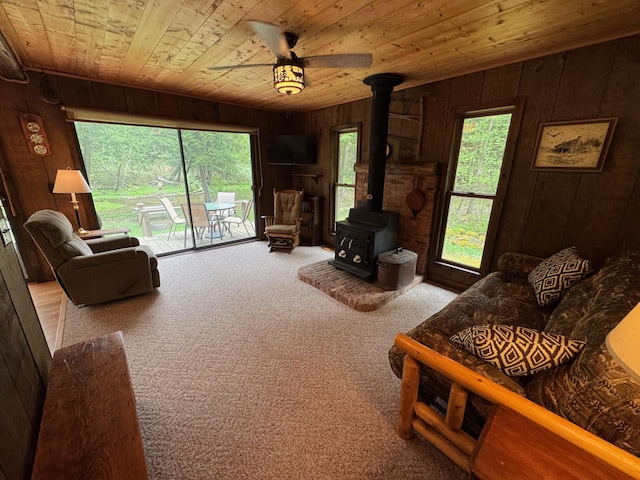 3574 N Comanche Trl, Branch, MI 49402 - carpeted living area featuring wooden ceiling, wood walls, and a wood stove