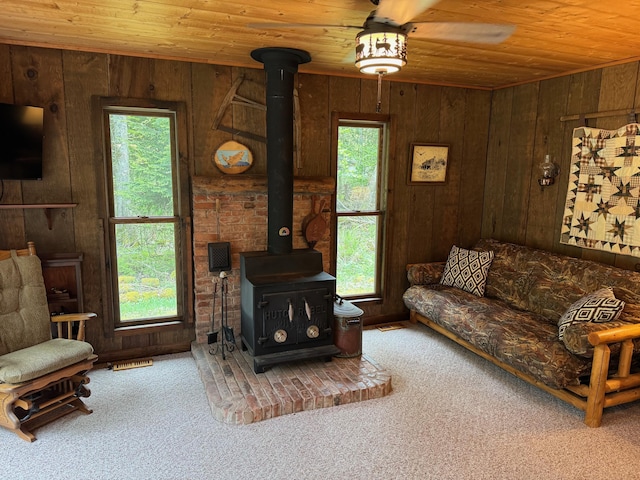 3574 N Comanche Trl, Branch, MI 49402 - living room featuring wood ceiling, a wood stove, carpet flooring, and wood walls