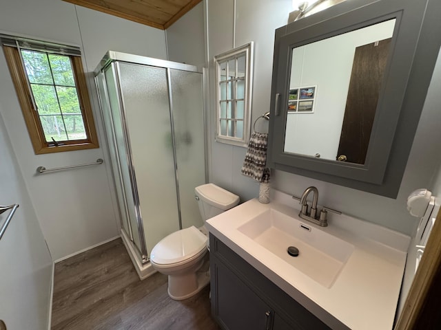 3574 N Comanche Trl, Branch, MI 49402 - bathroom featuring wood finished floors, a shower stall, toilet, and vanity