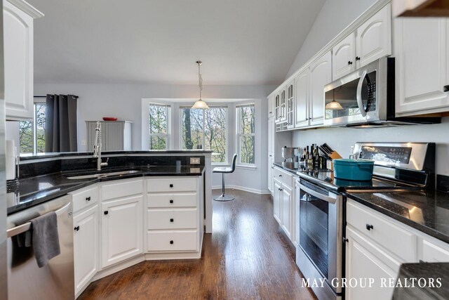 3729 Windshire Dr SE, Grand Rapids, MI 49546 - kitchen with stainless steel appliances, a sink, dark wood-type flooring, white cabinets, and lofted ceiling