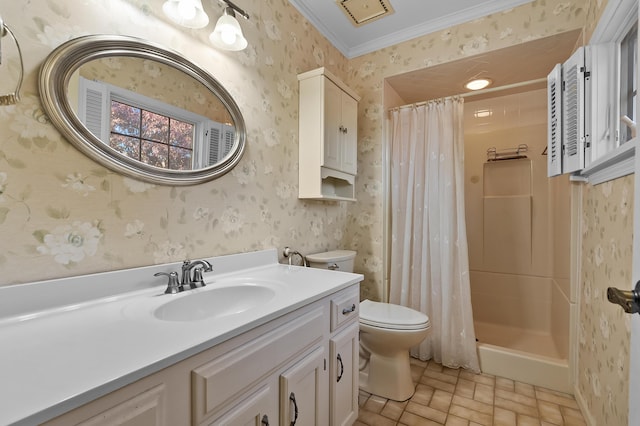 275 S Bluffwood Ter, Saint Joseph, MI 49085 - bathroom featuring wallpapered walls, toilet, vanity, a stall shower, and ornamental molding