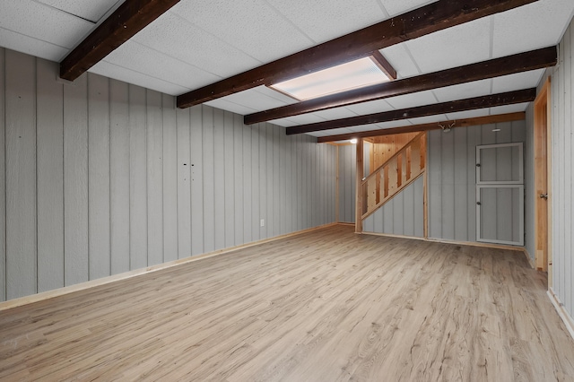 275 S Bluffwood Ter, Saint Joseph, MI 49085 - spare room with wood finished floors, stairway, beam ceiling, and wood walls