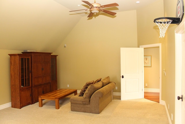 60 Timber Ridge Ct, Milan, MI 48160 - living area with lofted ceiling, light carpet, and ceiling fan