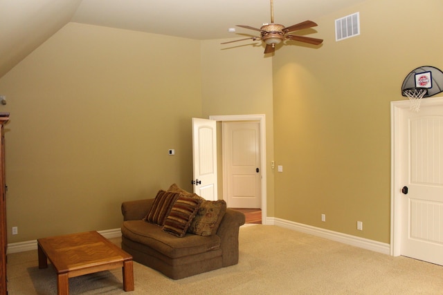 60 Timber Ridge Ct, Milan, MI 48160 - living area with ceiling fan, light colored carpet, and high vaulted ceiling