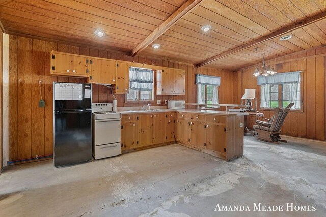 12345 92nd St SE, Alto, MI 49302 - kitchen featuring concrete flooring, a peninsula, white appliances, wood ceiling, and a sink
