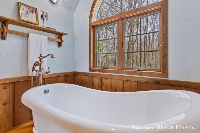 12345 92nd St SE, Alto, MI 49302 - bathroom featuring wainscoting, a textured wall, and a freestanding bath