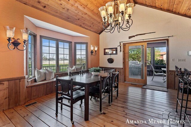 12345 92nd St SE, Alto, MI 49302 - dining area featuring vaulted ceiling, wooden ceiling, a wainscoted wall, and hardwood / wood-style floors