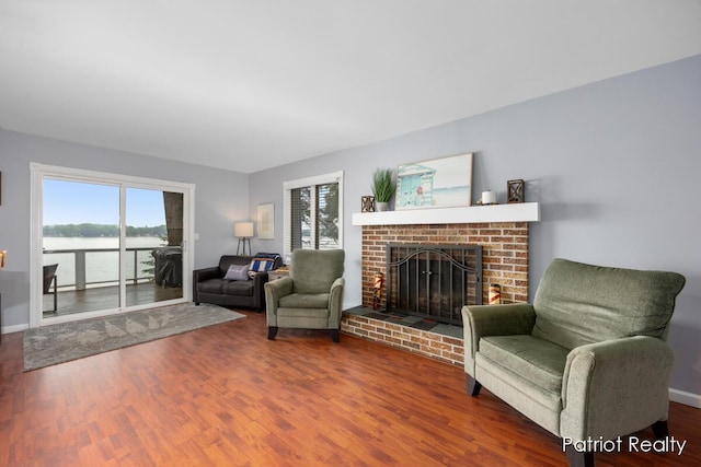 1266 E 88th St, Newaygo, MI 49337 - living room featuring a fireplace, wood finished floors, baseboards, and a water view