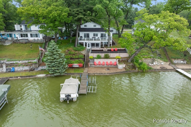 1266 E 88th St, Newaygo, MI 49337 - dock featuring stairway, a balcony, and a deck with water view