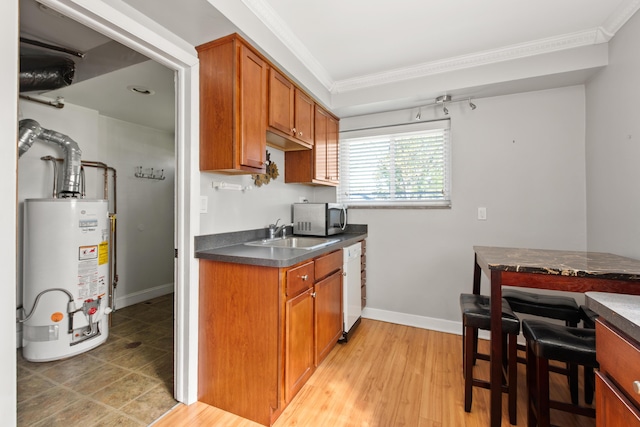kitchen with white dishwasher, dark countertops, a sink, water heater, and ornamental molding