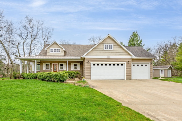 18559 Kreig Dr, Big Rapids, MI 49307 - craftsman-style home featuring a porch, driveway, a front yard, a garage, and a shingled roof