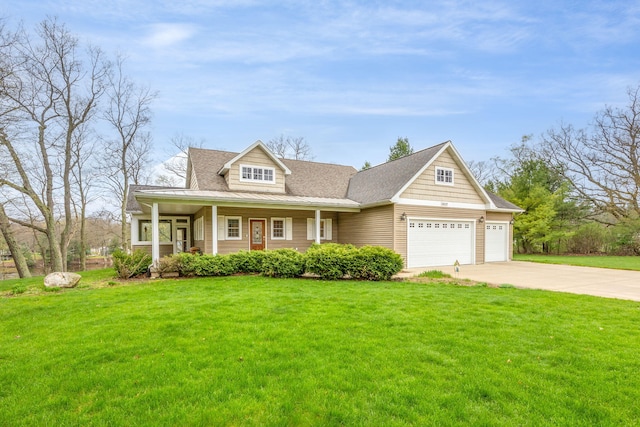18559 Kreig Dr, Big Rapids, MI 49307 - craftsman house featuring a garage, a front yard, a shingled roof, concrete driveway, and a porch