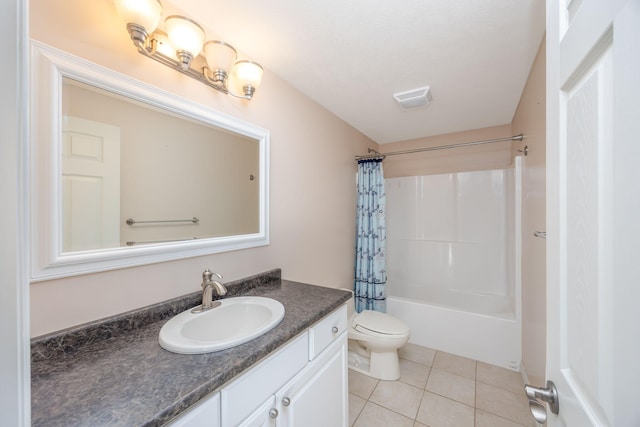 18559 Kreig Dr, Big Rapids, MI 49307 - bathroom featuring shower / tub combo with curtain, vanity, toilet, tile patterned floors, and visible vents