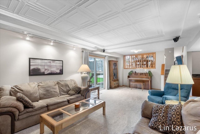 6332 Rush Creek Ct, Hudsonville, MI 49426 - living room with track lighting, an ornate ceiling, and carpet flooring