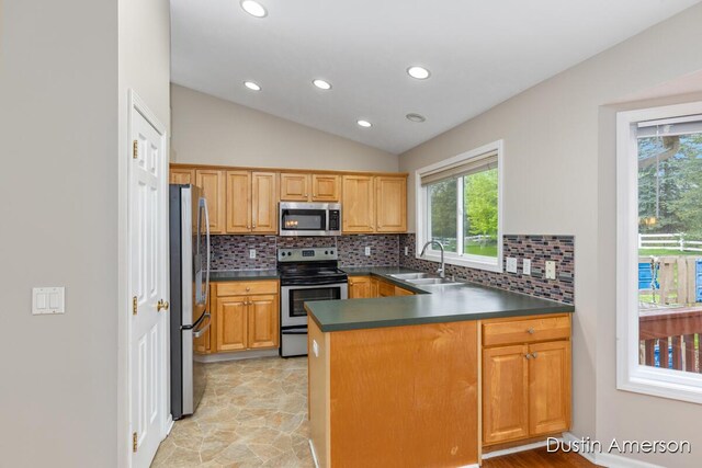kitchen featuring appliances with stainless steel finishes, a sink, healthy amount of natural light, a peninsula, and vaulted ceiling