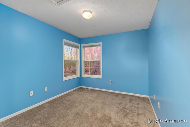 empty room with carpet floors, baseboards, and a textured ceiling