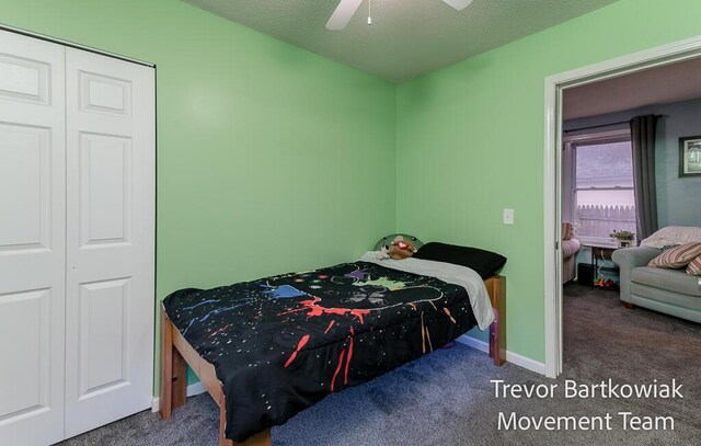 bedroom with baseboards, ceiling fan, and carpet
