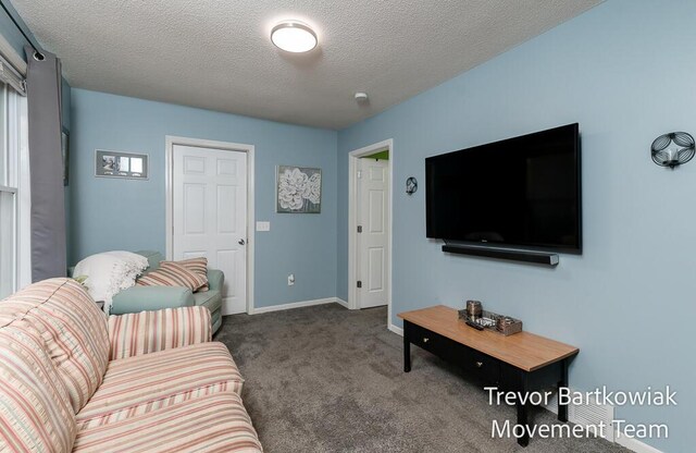 carpeted living area featuring baseboards and a textured ceiling