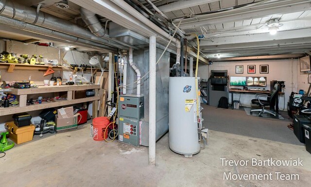 unfinished basement featuring water heater and heating unit
