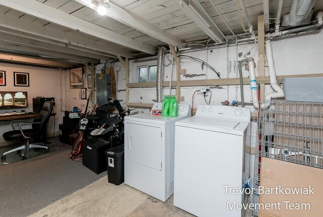 washroom with electric panel, laundry area, and washing machine and clothes dryer