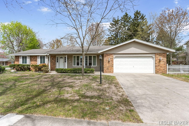 ranch-style house featuring fence, concrete driveway, a garage, and brick siding