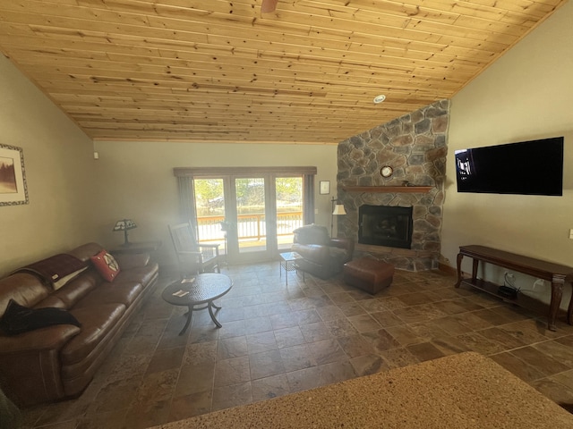 6425 S Taylor Rd, Branch, MI 49402 - living area featuring a stone fireplace, stone finish floor, and wooden ceiling