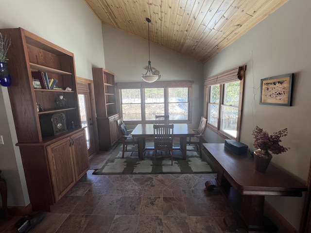 6425 S Taylor Rd, Branch, MI 49402 - dining area featuring wooden ceiling, stone finish floor, and vaulted ceiling