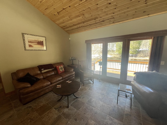 6425 S Taylor Rd, Branch, MI 49402 - living area featuring wood ceiling, vaulted ceiling, and stone tile flooring