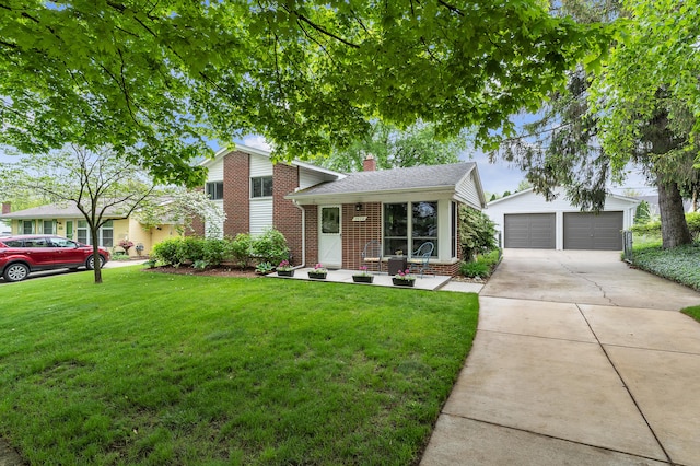 3622 Cushing Ct, Dexter, MI 48130 - split level home featuring brick siding, an outdoor structure, a chimney, a front yard, and a garage