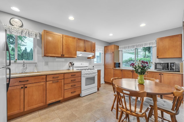 3622 Cushing Ct, Dexter, MI 48130 - kitchen featuring gas range gas stove, stainless steel microwave, a sink, under cabinet range hood, and freestanding refrigerator