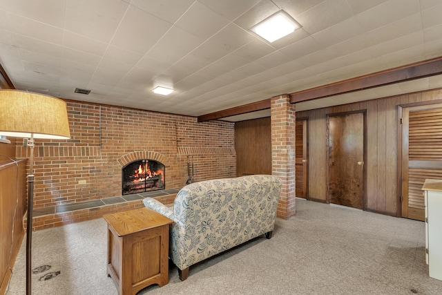 3622 Cushing Ct, Dexter, MI 48130 - living room featuring a brick fireplace, carpet floors, and wood walls