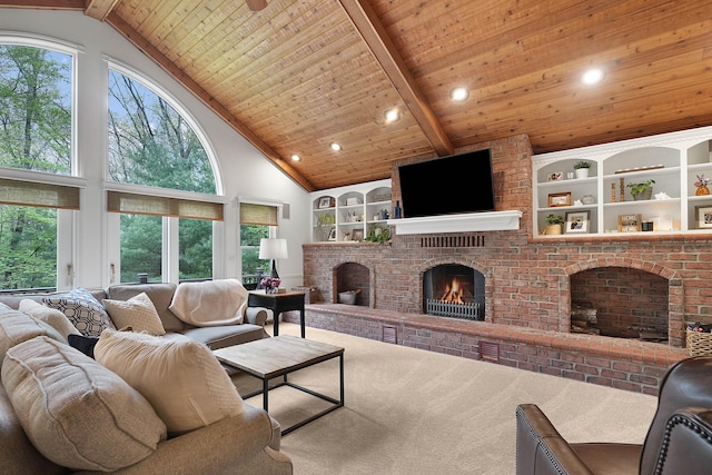 326 Greentree Ln NE, Ada, MI 49301 - carpeted living area featuring a brick fireplace, beamed ceiling, high vaulted ceiling, wood ceiling, and built in shelves