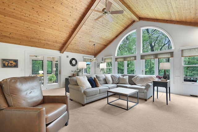 326 Greentree Ln NE, Ada, MI 49301 - living room featuring light carpet, beam ceiling, a ceiling fan, wooden ceiling, and high vaulted ceiling