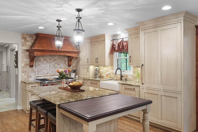 326 Greentree Ln NE, Ada, MI 49301 - kitchen with a sink, stove, custom exhaust hood, recessed lighting, and tasteful backsplash
