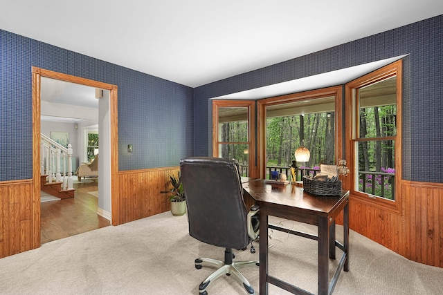 326 Greentree Ln NE, Ada, MI 49301 - carpeted office with wallpapered walls, a wainscoted wall, and wood walls