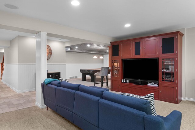 326 Greentree Ln NE, Ada, MI 49301 - living room featuring wainscoting, light colored carpet, recessed lighting, and billiards table