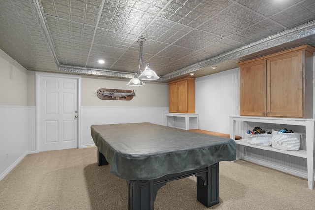 326 Greentree Ln NE, Ada, MI 49301 - recreation room featuring an ornate ceiling, billiards table, carpet floors, and a wainscoted wall