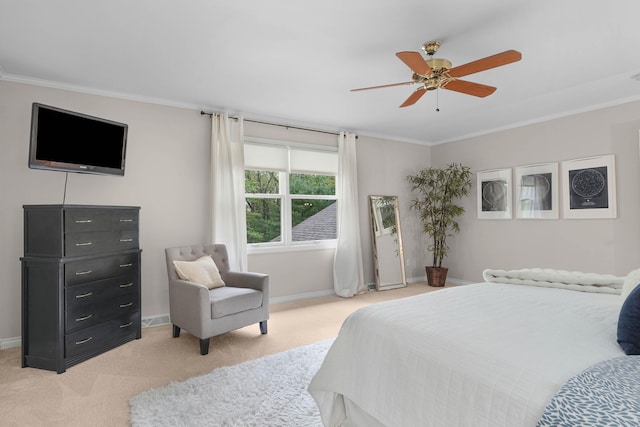326 Greentree Ln NE, Ada, MI 49301 - bedroom with light carpet, ornamental molding, baseboards, and a ceiling fan
