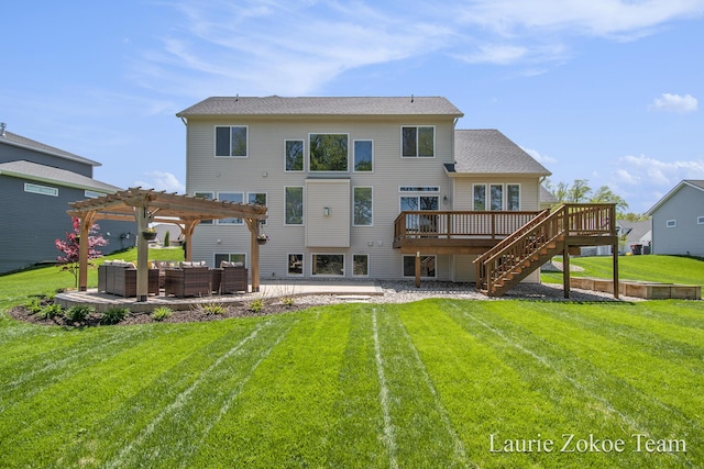 1791 Gloryfield Dr, Byron Center, MI 49315 - rear view of property featuring a pergola, a wooden deck, an outdoor hangout area, stairs, and a yard