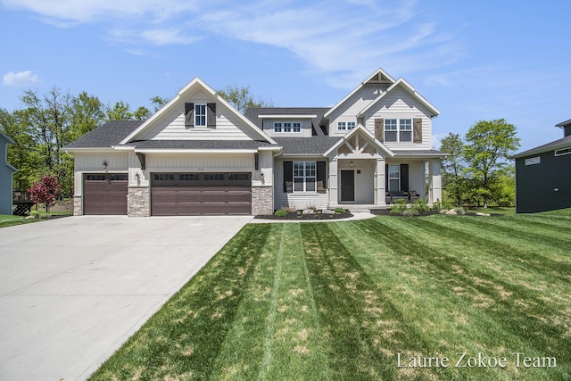 1791 Gloryfield Dr, Byron Center, MI 49315 - craftsman-style house with stone siding, an attached garage, covered porch, driveway, and a front yard