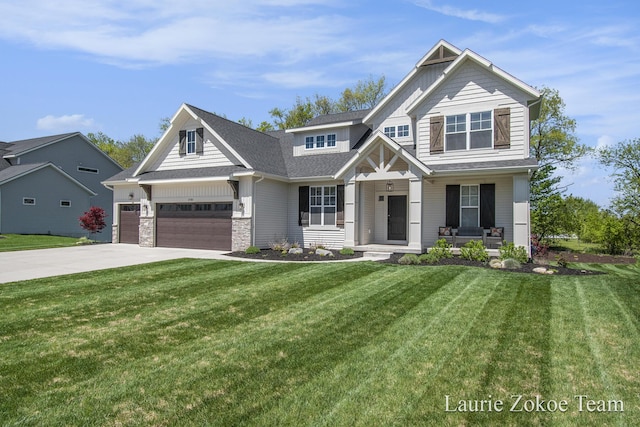 1791 Gloryfield Dr, Byron Center, MI 49315 - craftsman-style house with covered porch, concrete driveway, a front lawn, and an attached garage