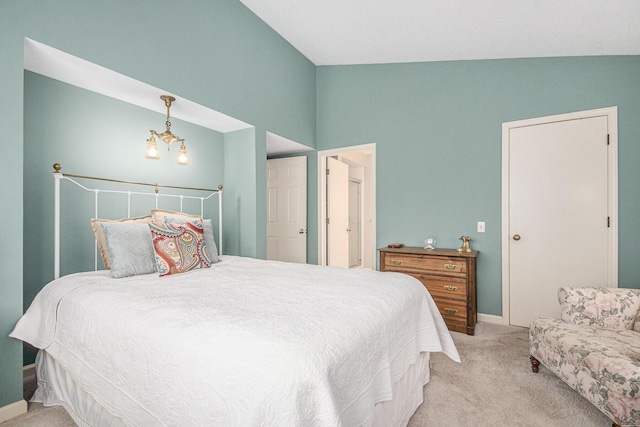 4289 Millpond Dr NE, Rockford, MI 49341 - bedroom with light colored carpet, lofted ceiling, baseboards, and a chandelier